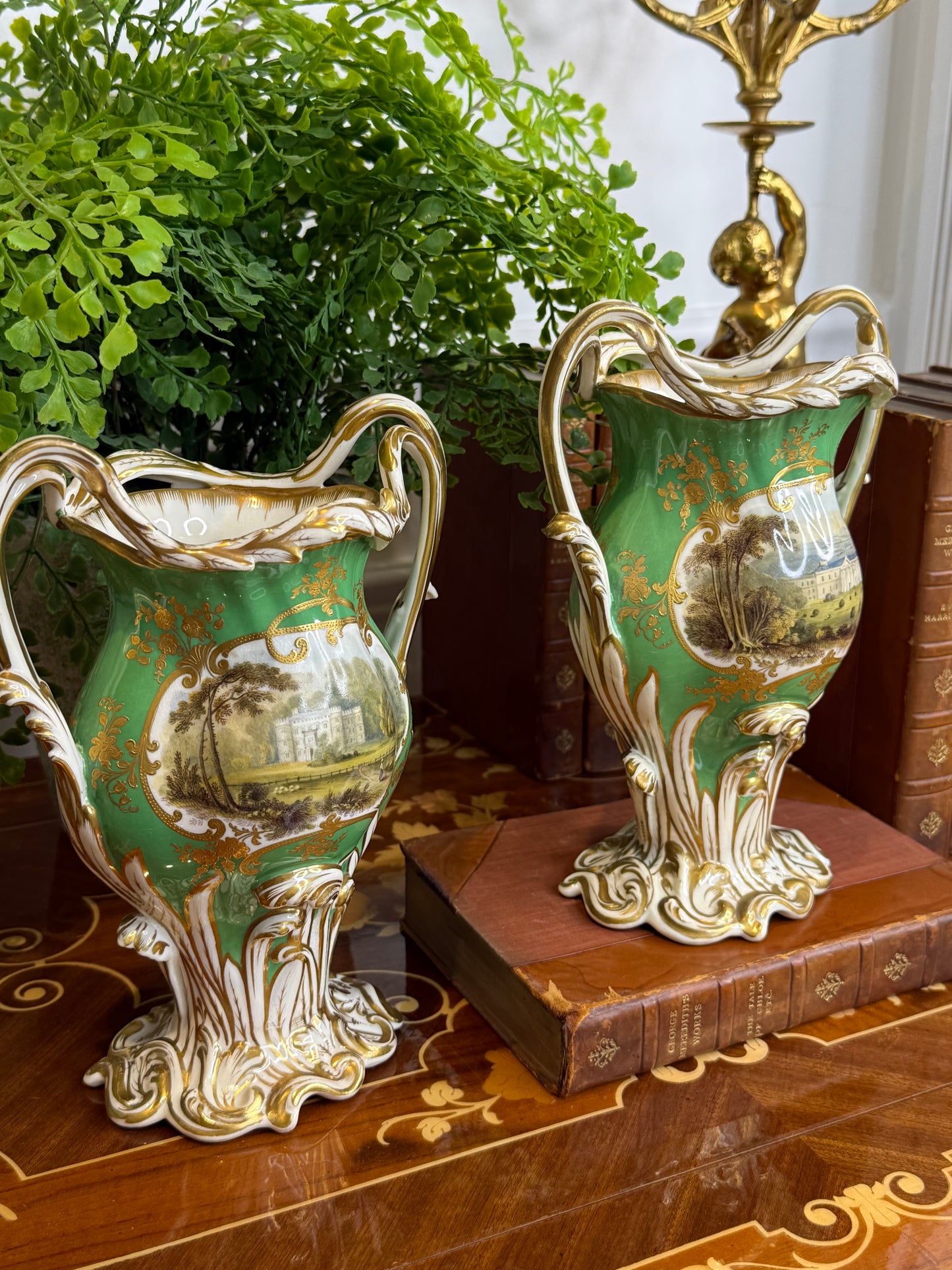 Rare Antique Pair of H.& R. Daniel Apple Green Scenic Vases | Named Views of Attingham Park, Shropshire | English Porcelain | c. 1840 | 8.5"H x 6.5"W x 4" | Style DA4447 (Copy)