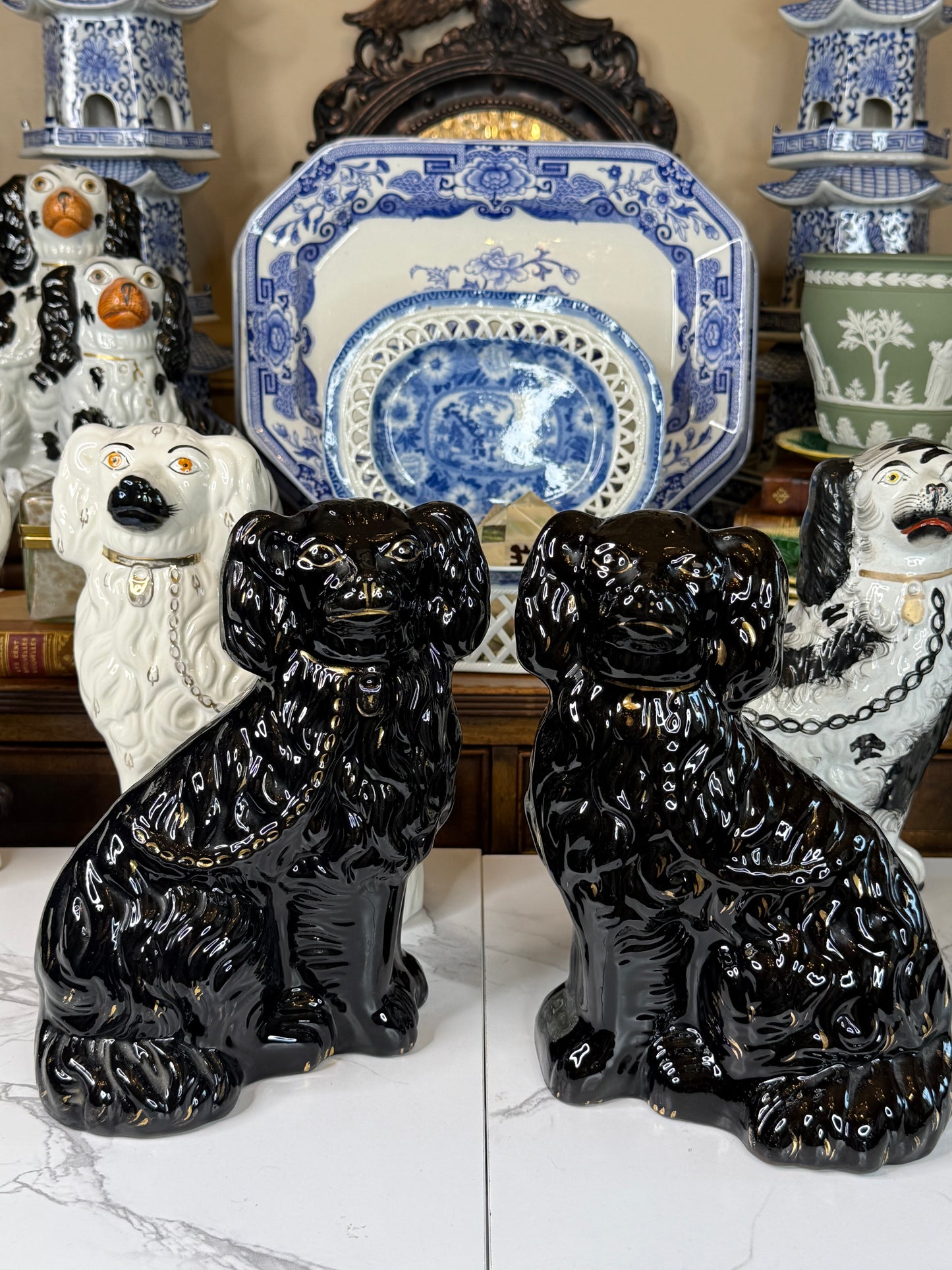 Pair of 19th Century Black Jackfield Spaniels | Antique Staffordshire Dogs | 9.5"H x 7"W x 3.5"D | #DA4506