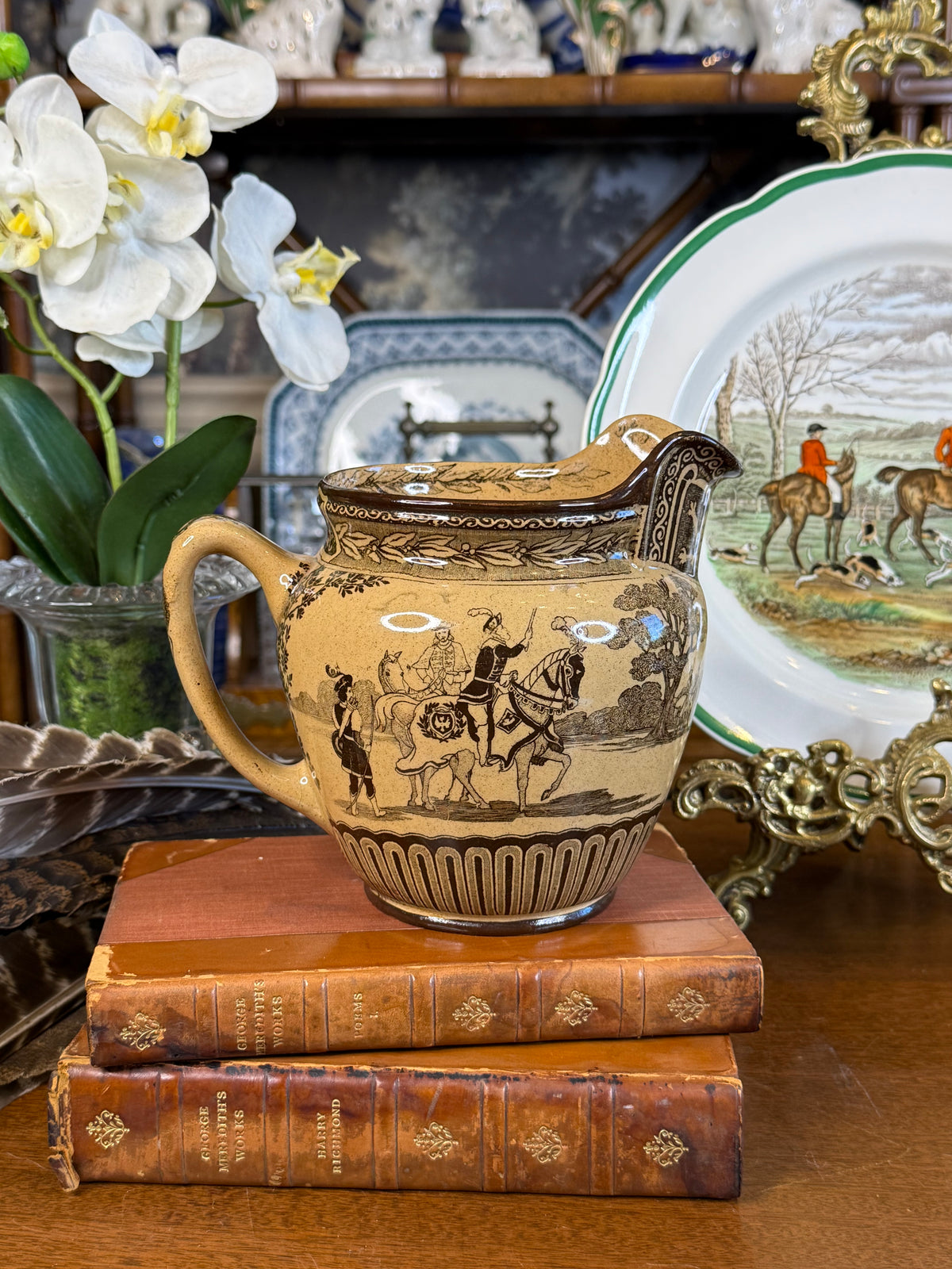 Antique Royal Doulton “Eglinton Tournament” Brown Transferware Equestrian Jug, Rd No. 408787, c.1904, 7” W x 5.5” H