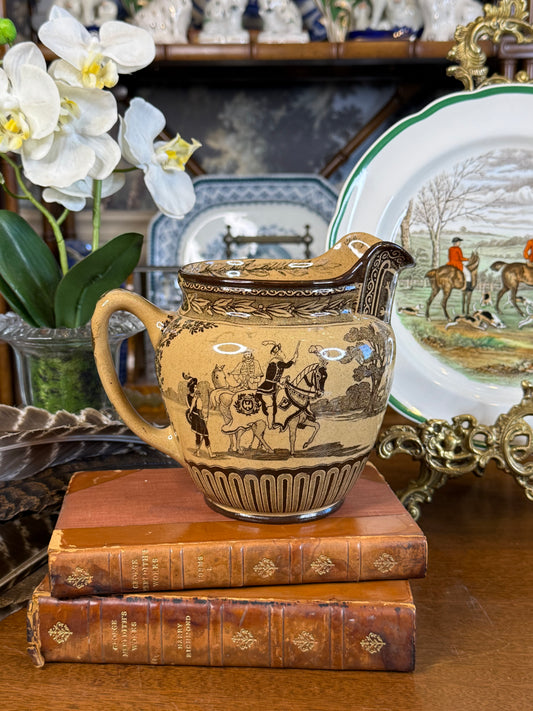 Antique Royal Doulton “Eglinton Tournament” Brown Transferware Equestrian Jug, Rd No. 408787, c.1904, 7” W x 5.5” H