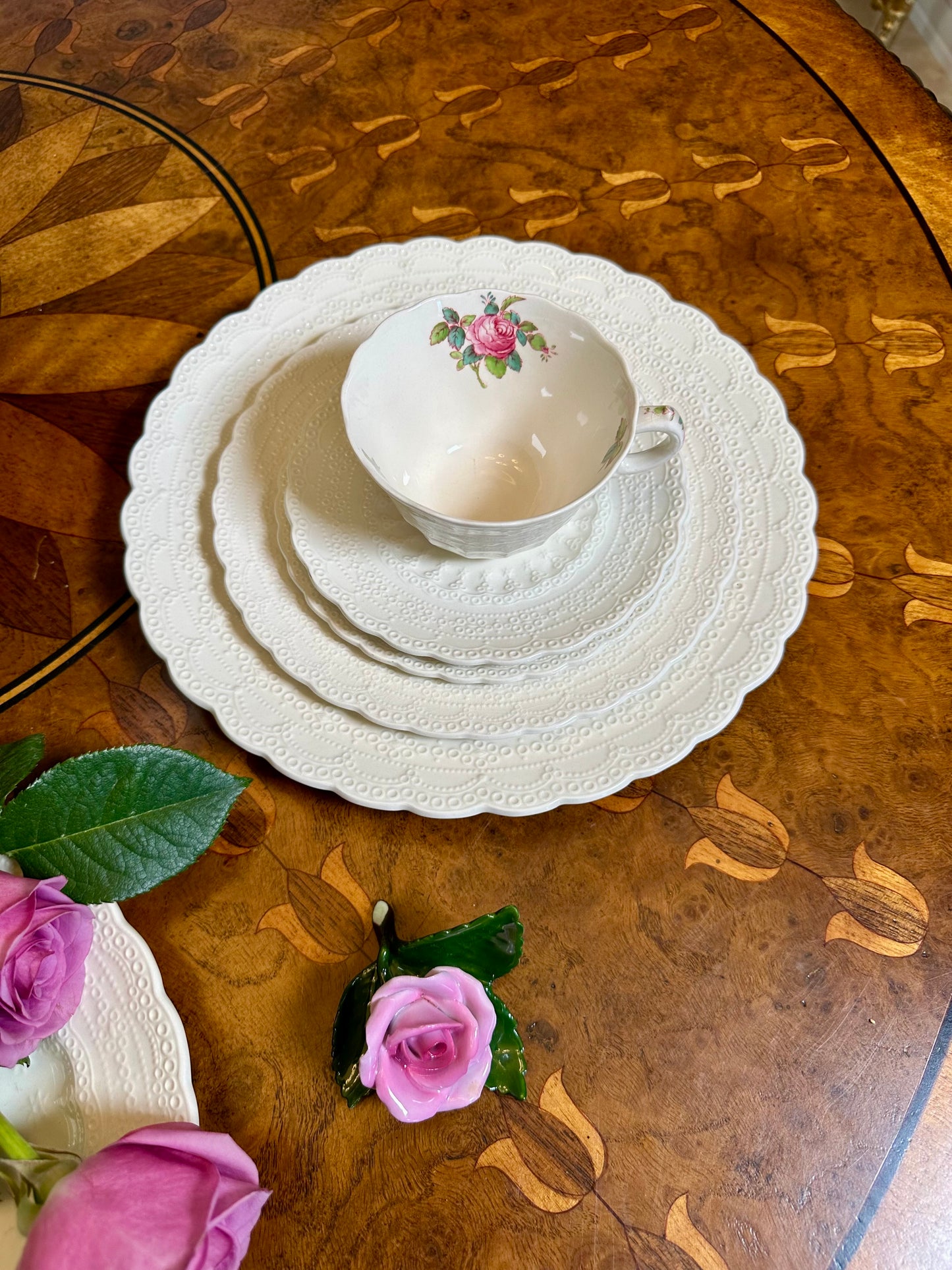 Vintage Copeland Spode “Billingsley Rose” 5-Piece Place Setting, Service for 4 | Jewel Embossed English Floral China