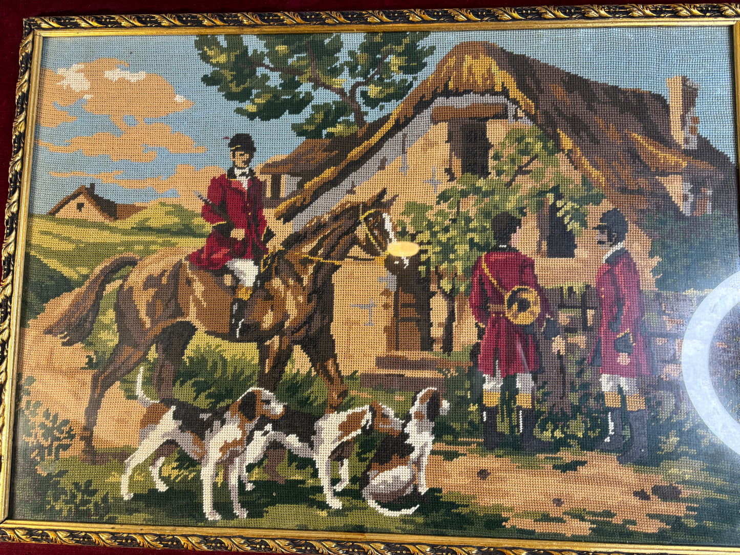Stunning hunting scene needlepoint partially framed!