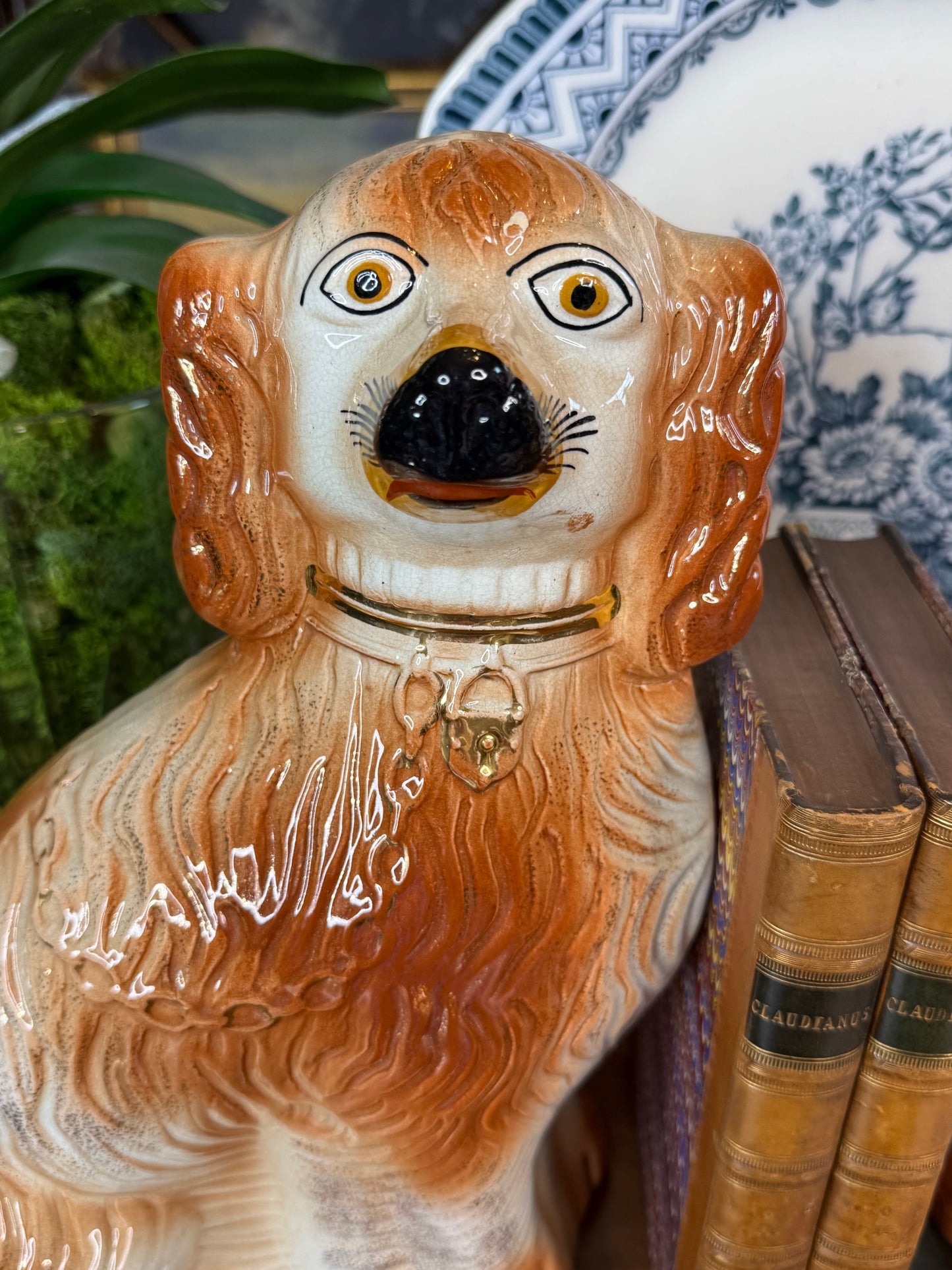 Pair Antique Victorian Staffordshire Spaniel Dogs | Large 14” Mantel Dogs | England c.1870–1890