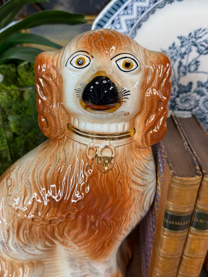 Pair Antique Victorian Staffordshire Spaniel Dogs | Large 14” Mantel Dogs | England c.1870–1890