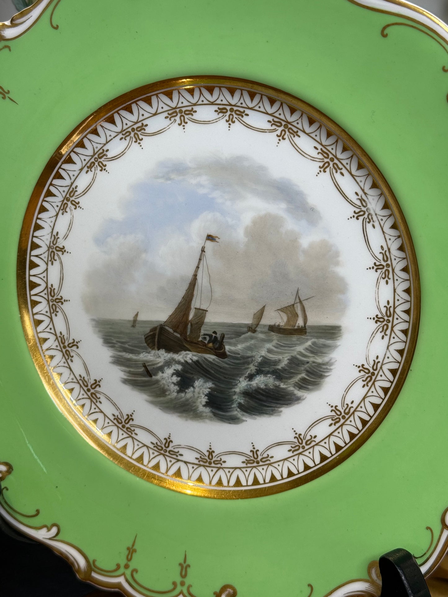 Pair of Ridgway Seascape Plates, c. 1870 | Green-Ground with Gilt, 9” Diameter