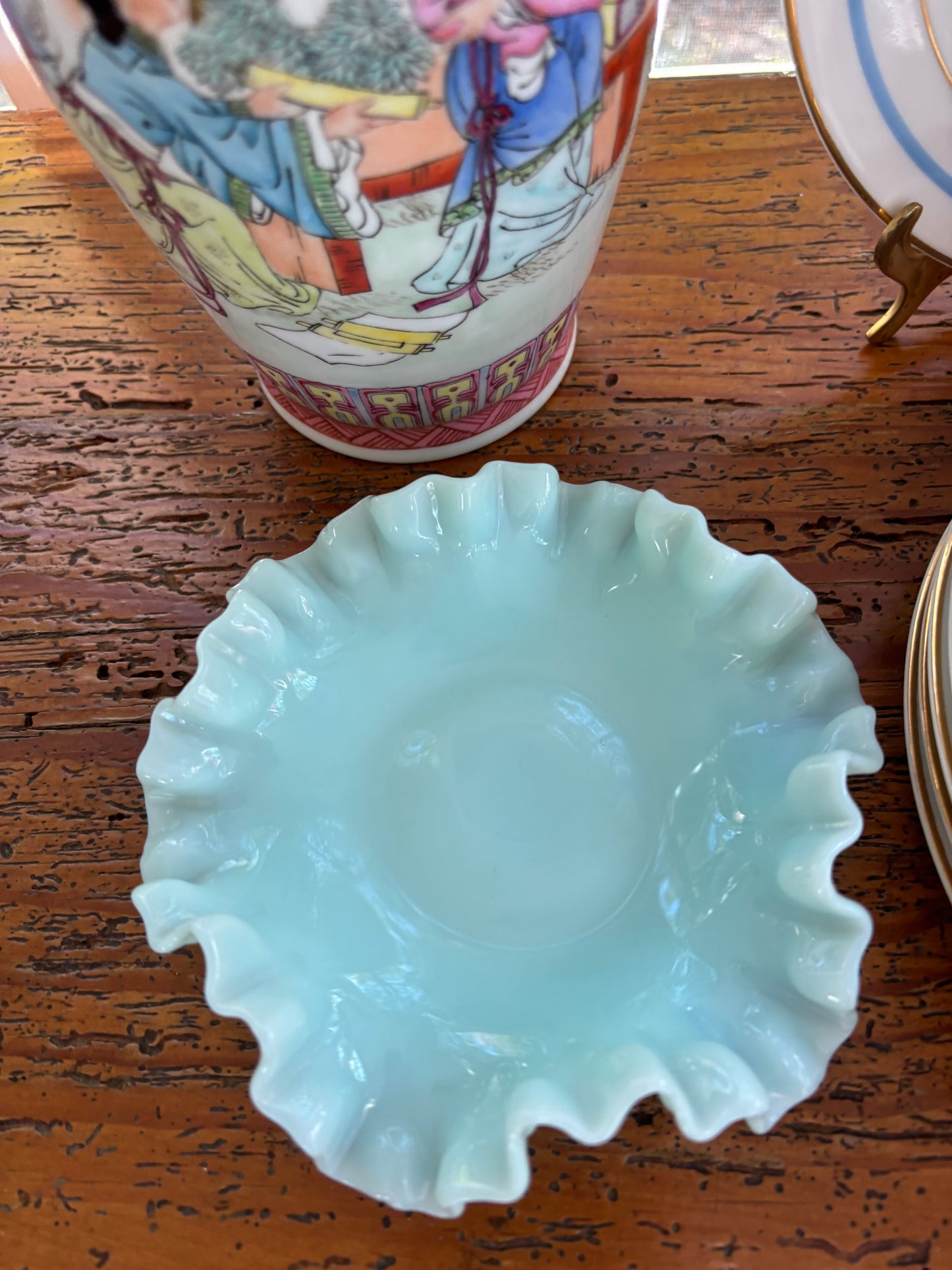 Beautiful Fenton Teal hobnob trinket dish!