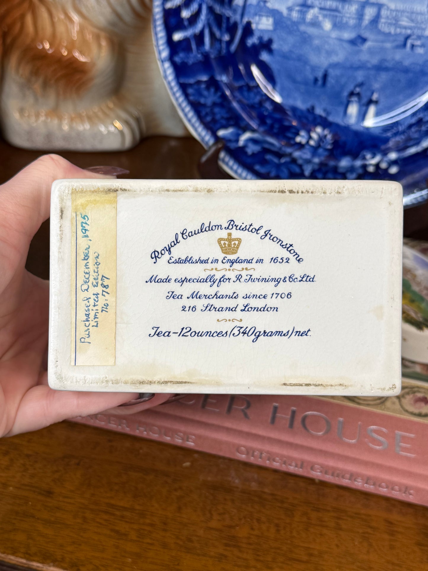 Vintage Royal Cauldon for Twinings Scenic Ironstone Tea Caddy, Cobalt Blue & Gold | 7.5”