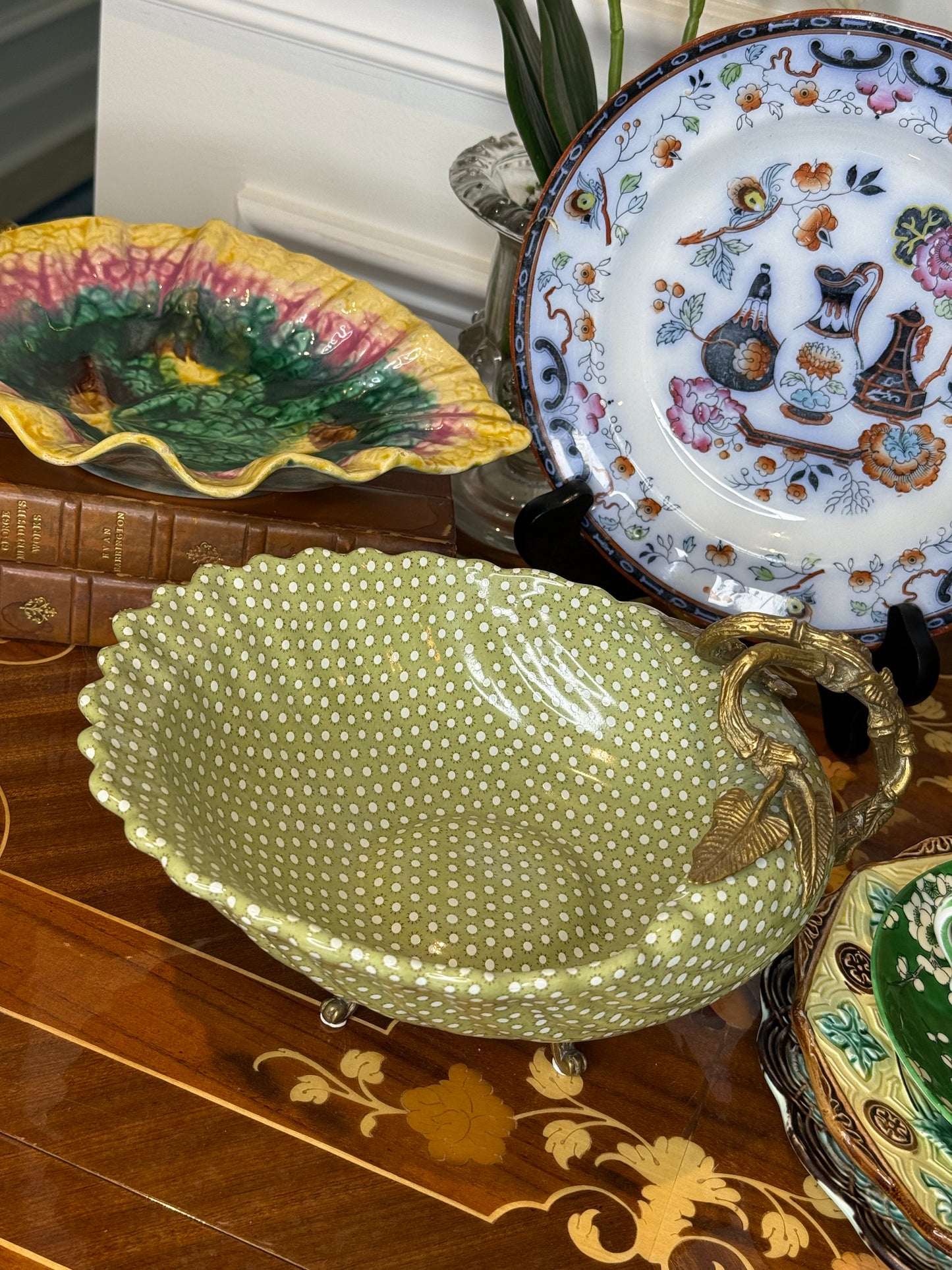 Danny’s Fine Porcelain Limited Edition Bronze Shell Footed Bowl | Olive Green Polka Dot Porcelain Centerpiece | 9”