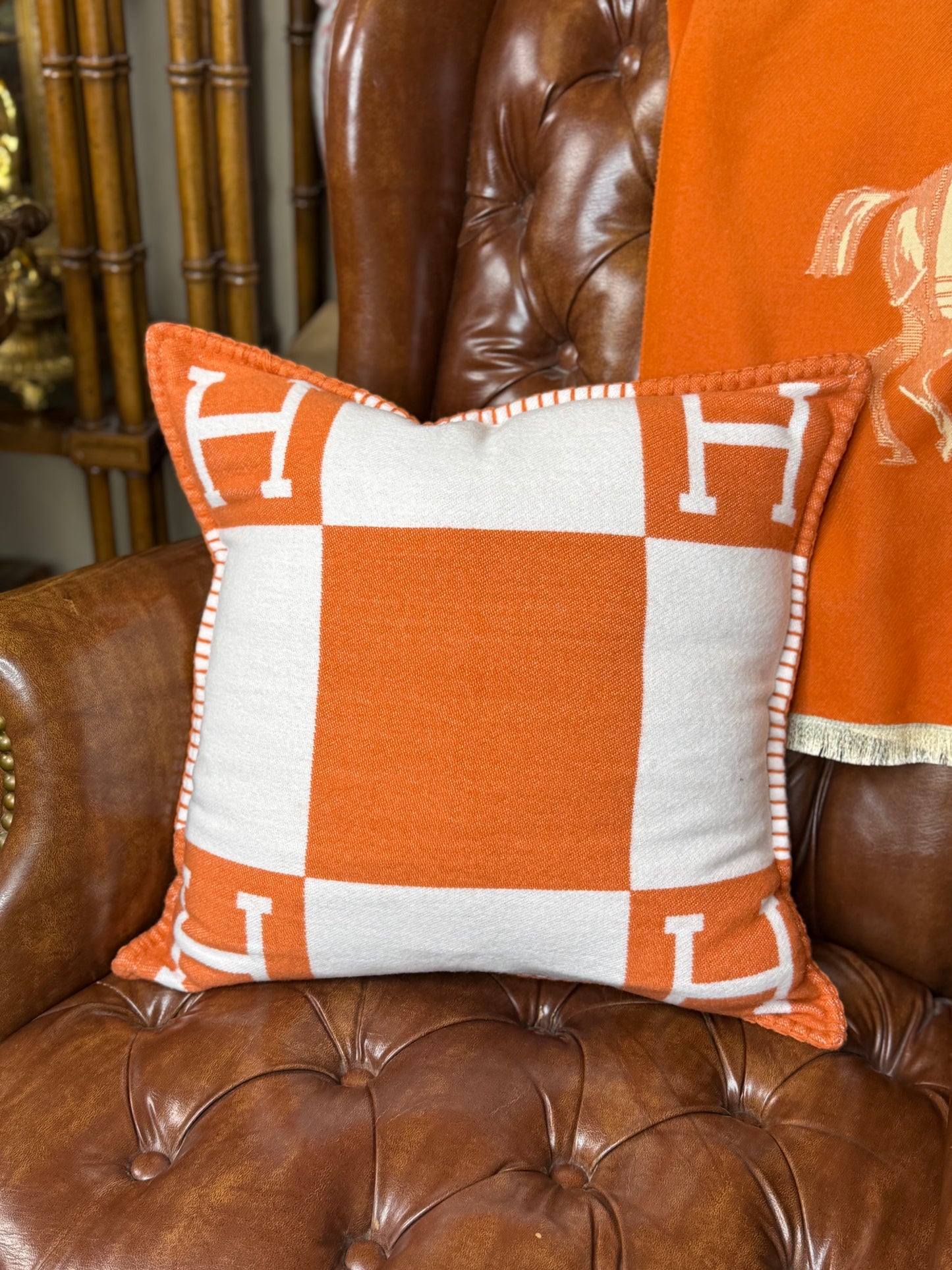 Luxury Equestrian “H” Square Pillow W/Down Insert – Orange, 18x18”