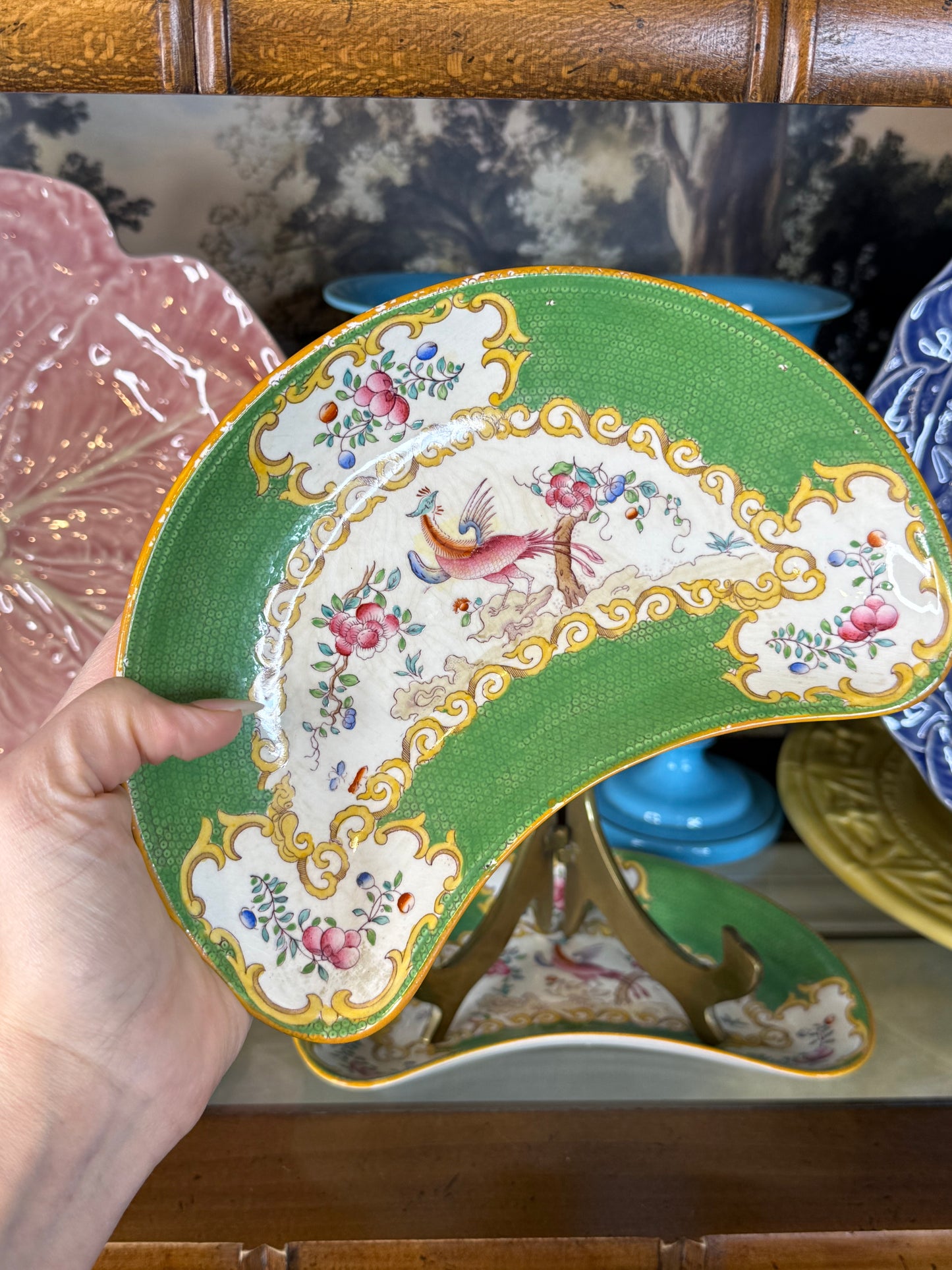 Antique Minton Cockatrice Green Crescent Dishes | Rare Pair | Exotic Bird & Floral | England c.1900