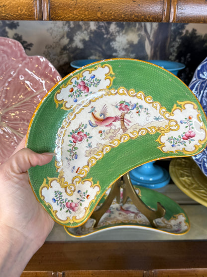 Antique Minton Cockatrice Green Crescent Dishes | Rare Pair | Exotic Bird & Floral | England c.1900