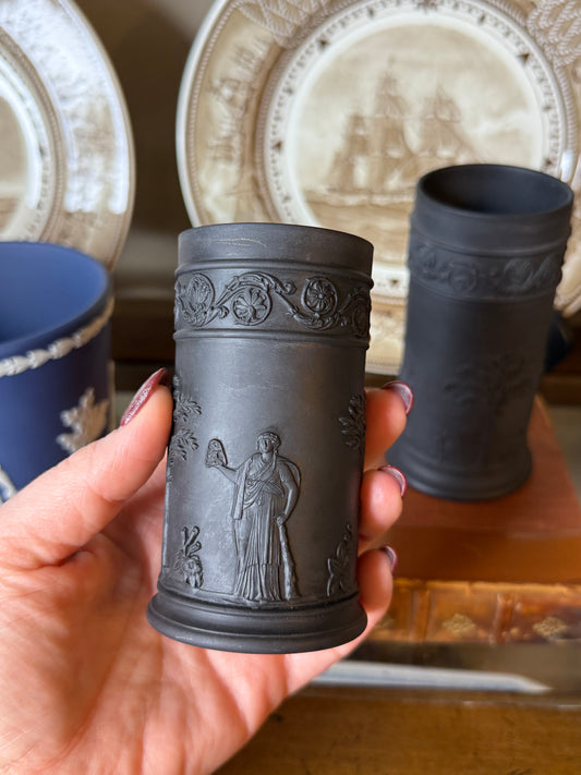 Antique WEDGWOOD Black Basalt Vase Pair, 4”Tall & 5”Tall