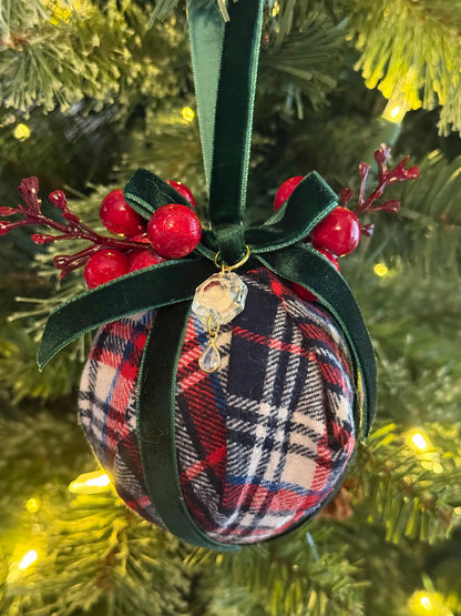 Custom Vintage Tartan RL Christmas Ornament | Velvet, Chandelier Crystal & Swarovski Drop | 3”