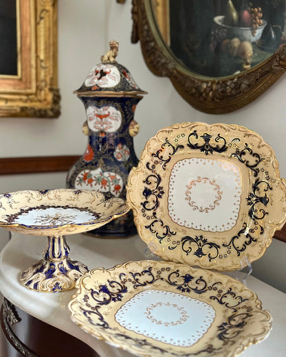 Early 19th Century Coalport England Three-Piece Dessert Set | Cobalt, Rich Cafe Au Lait & Gilt