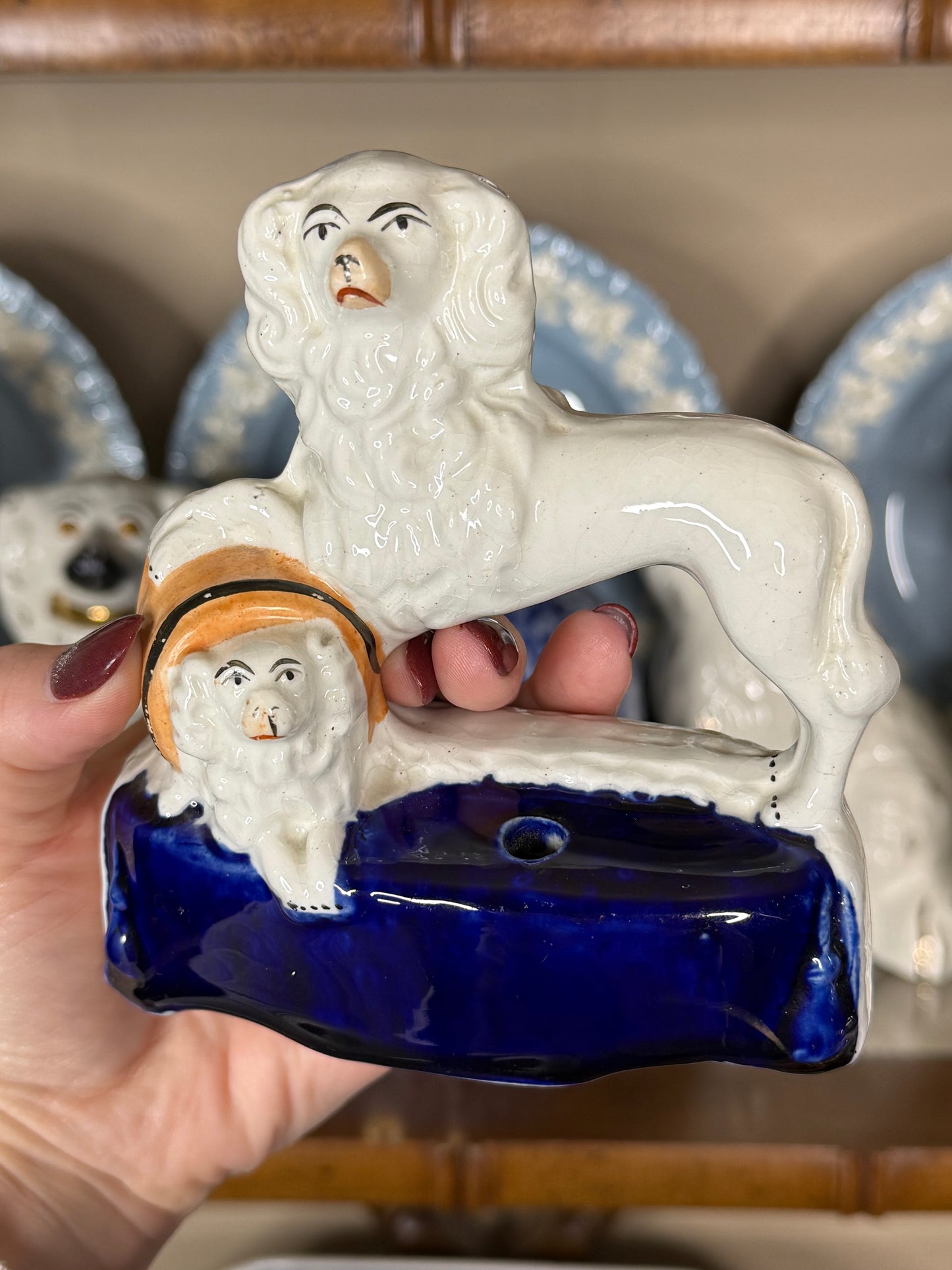 Antique Pair, 19th Century Staffordshire Spaniel Dogs with Puppy in Barrel #DA4422