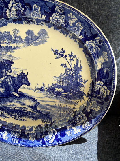 Stunning antique 18 3/4”Wedgwood blue and white platter with pasture scene and cows!
