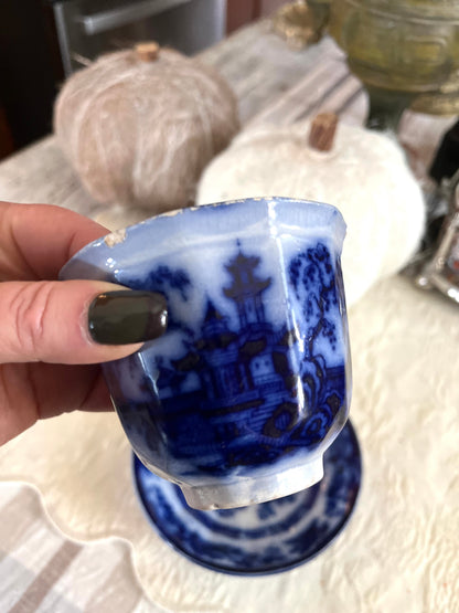 Early Victorian John Maddock Hindustan Flow Blue Tea Bowl & Saucer | 19th Century
