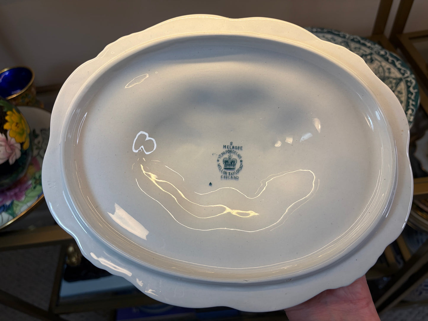 Lovely antique lidded tureen semi-porcelain dish featuring the Melrose pattern by Mellor, Taylor & Co.