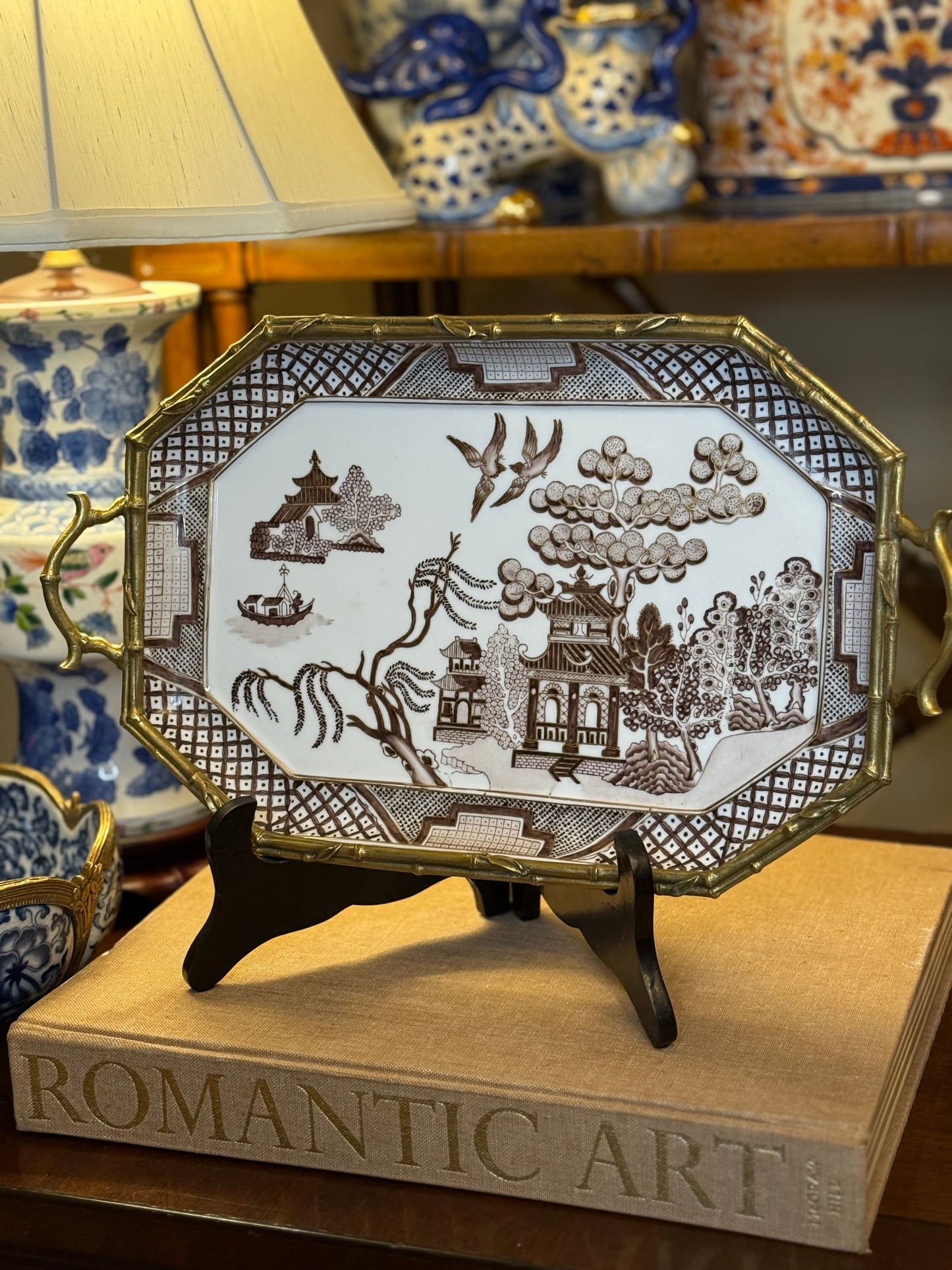 Danny’s Fine Porcelain - 15” x 8.75” x 2.5” Octagonal Willow Porcelain Tray with Bronze Handles