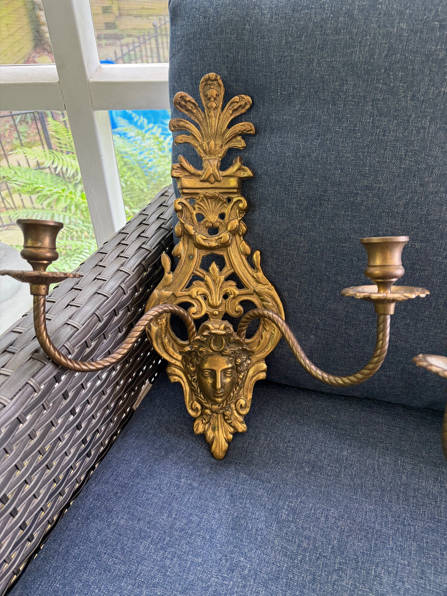 Antique Victorian Figural Brass Wall Sconces with two arms pair!