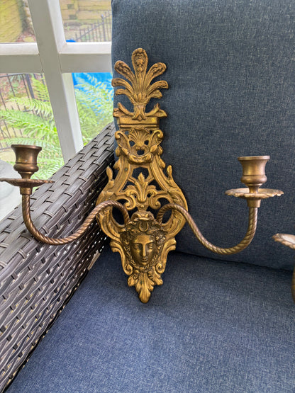 Antique Victorian Figural Brass Wall Sconces with two arms pair!