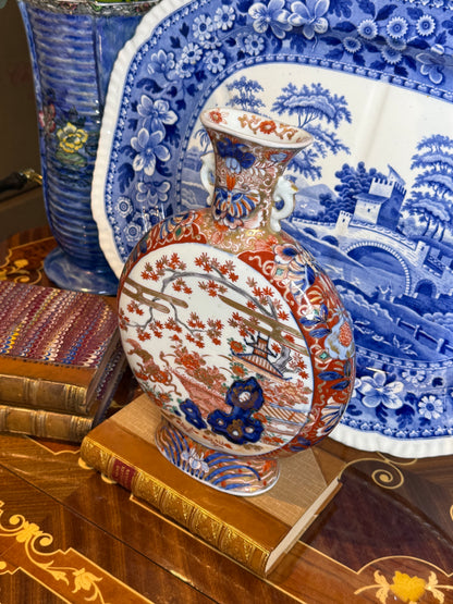 Antique Japanese Meiji Period Imari Moon Flask, c. 1868–1912, 10.5” Tall x 7.5” Wide x 2” Deep #DA4522
