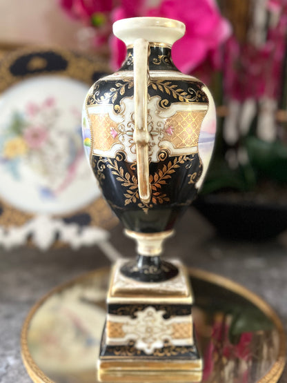 Live 06/22 Early Noritake Moriage Scenic Two-Handled Pedestal Vase | Black Ground & Raised Gilding  Old Backstamp