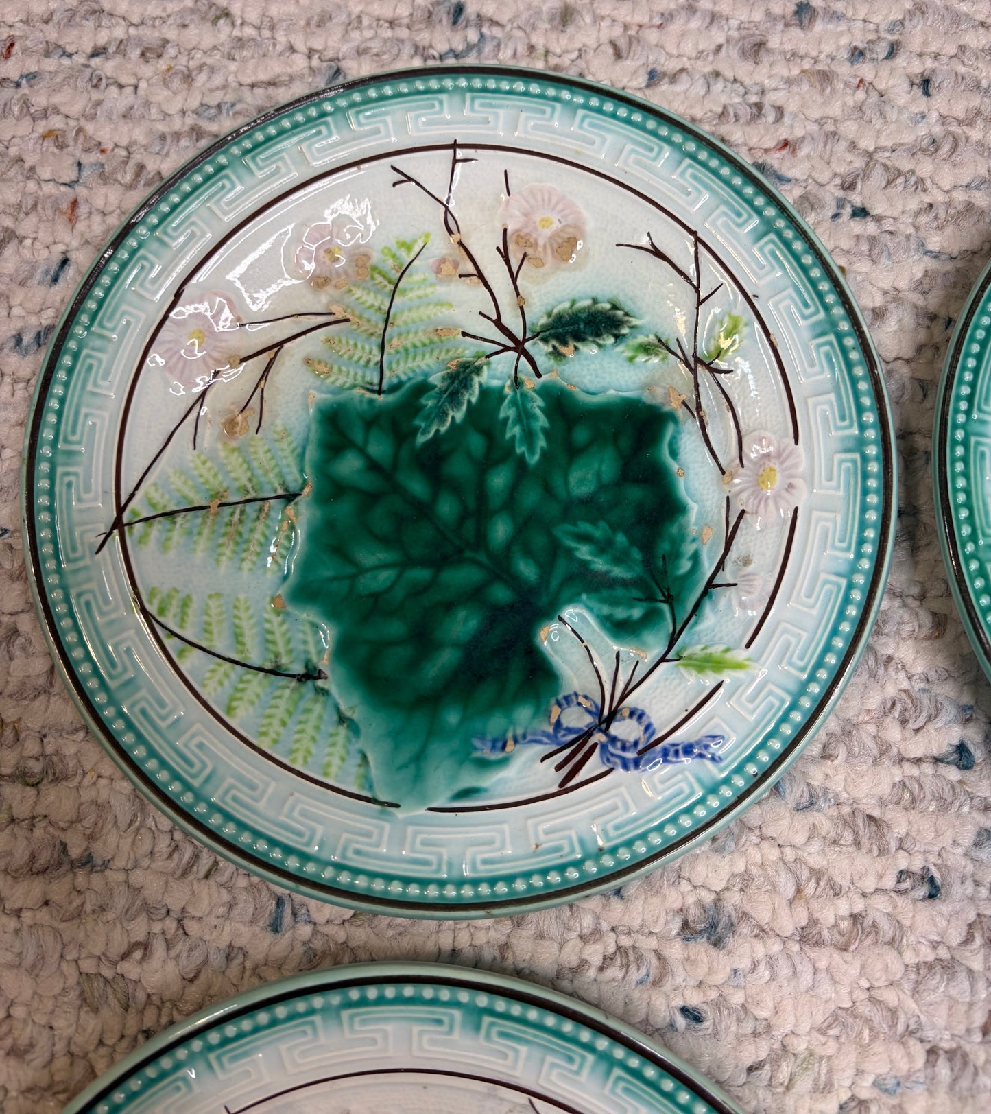 Antique majolica leaf plates with Greek key border- Set of 4! As is!