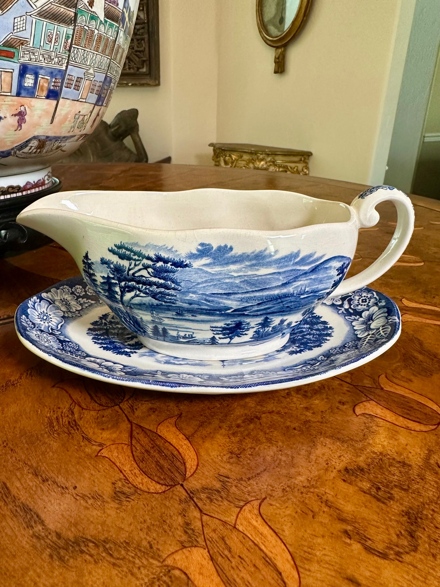 Vintage Liberty Blue Gravy Boat with Underplate | Enoch Wedgwood | Bicentennial Transferware