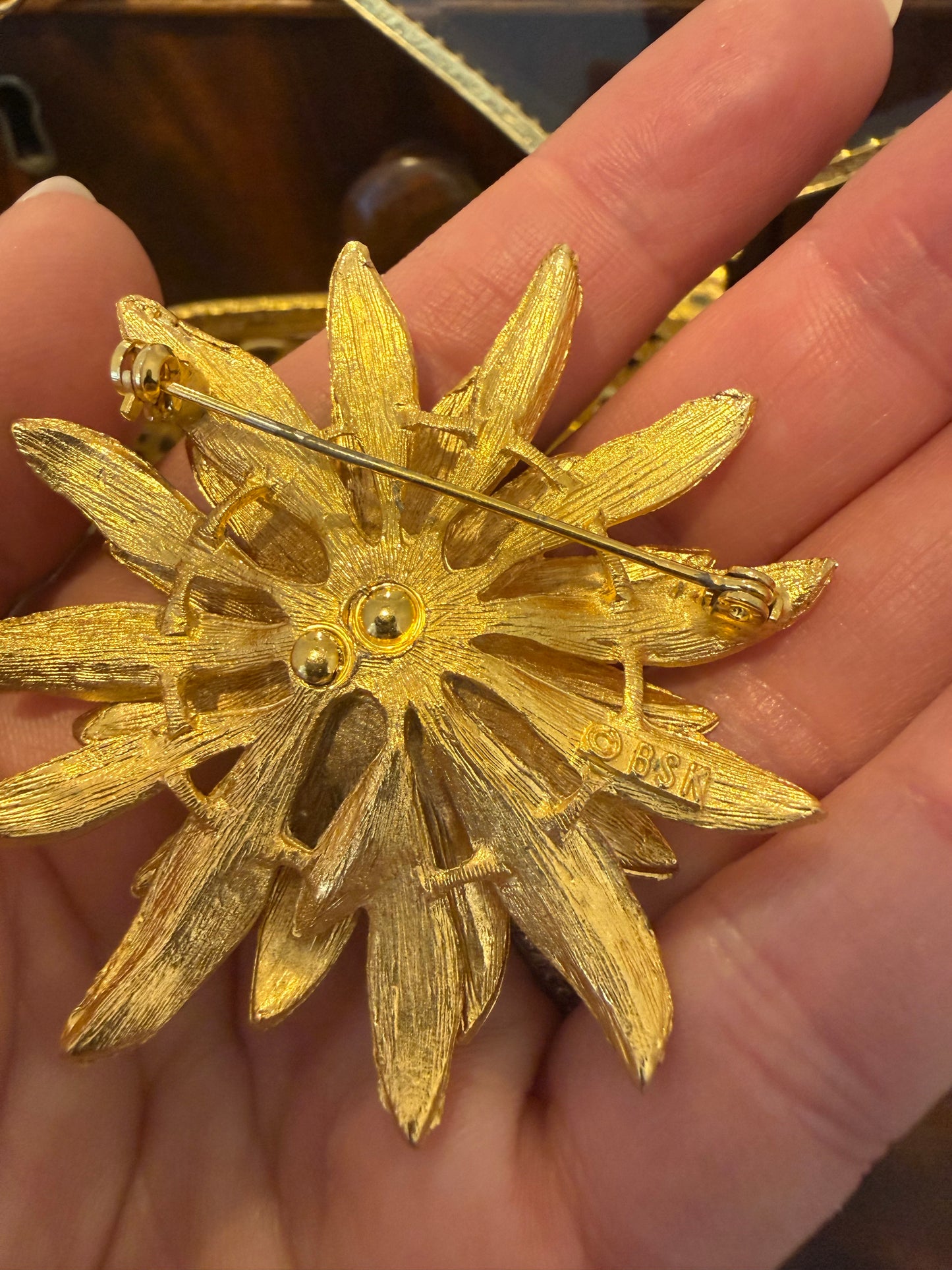 Vintage Signed BSK Brushed Gold Tone Flower Brooch & Clip Earring Set