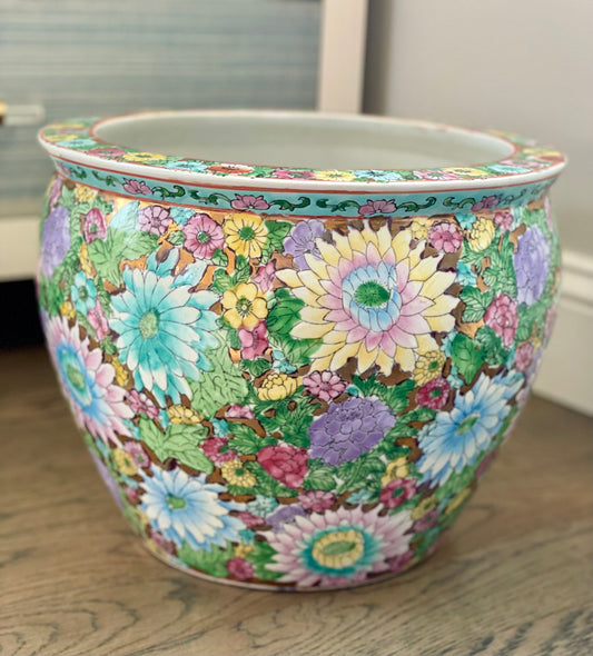 Vintage Stunning Floral Fish Bowl 12.5” Porcelain Planter on a Vibrant Gold Background