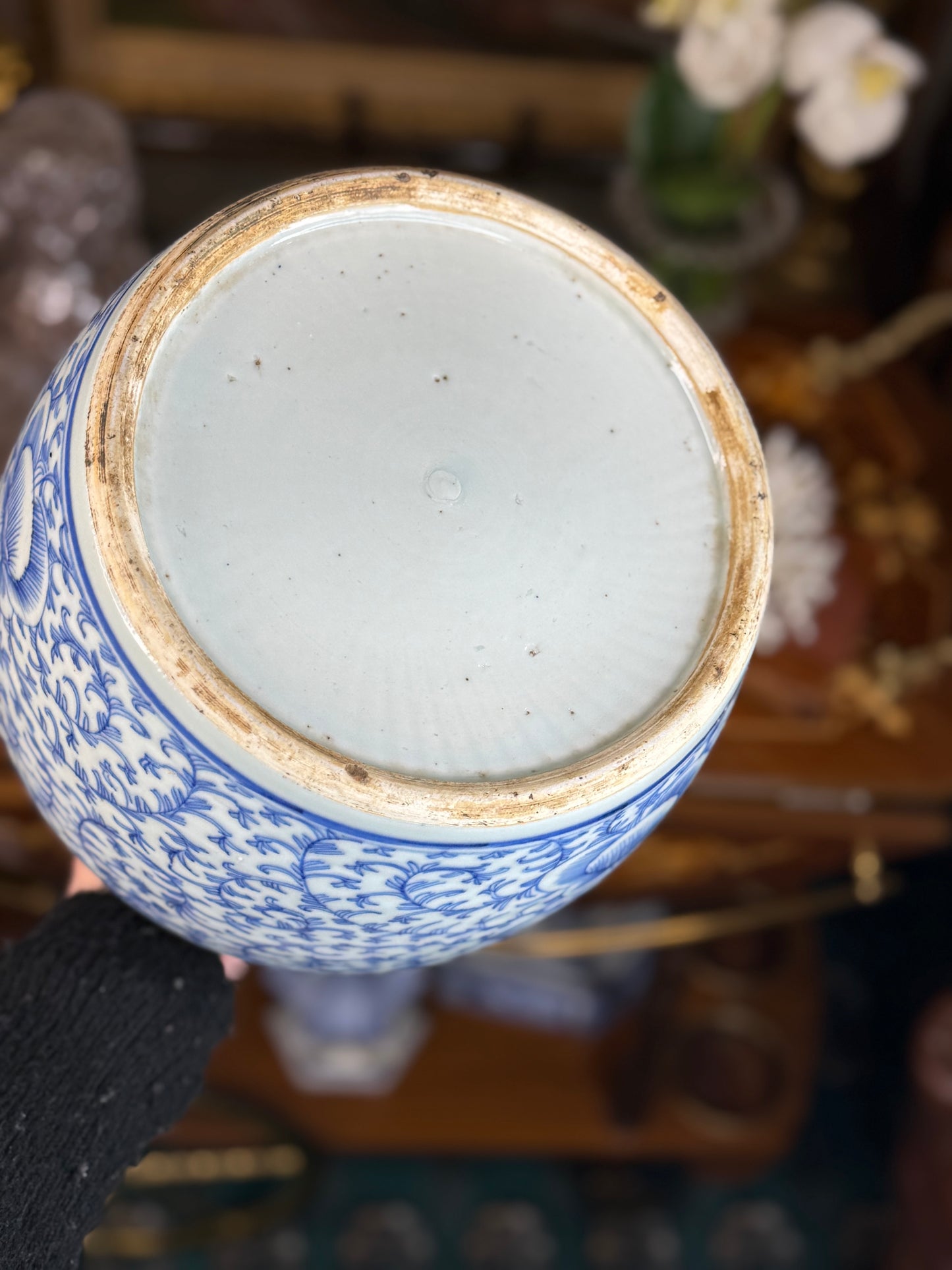 Blue & White Ginger Jar with Carved Floral Motif on Wood Stand – 12” Tall