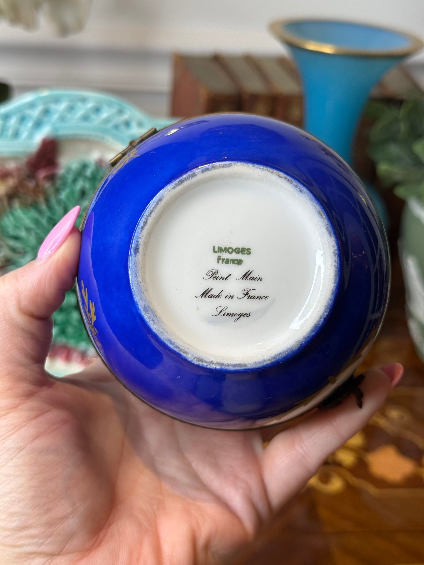 Vintage Limoges France Hand-Painted Trinket Box | Cobalt Blue & Gold with Bird and Floral Motif | 5” Diameter | #DA4364