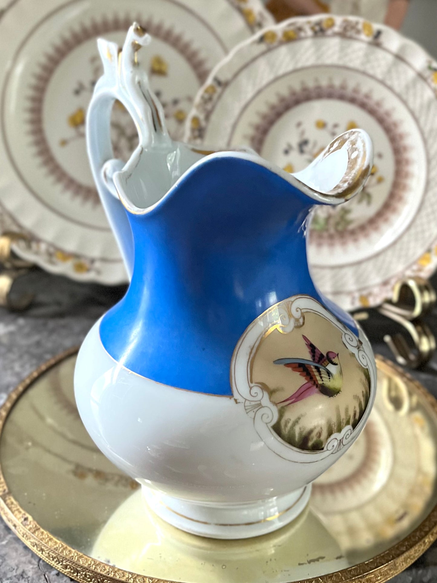 Live 06/29 Rare Old Paris Porcelain Pitcher — Hand-Painted Exotic Bird, Cobalt Blue & Gilt, c. 1850s