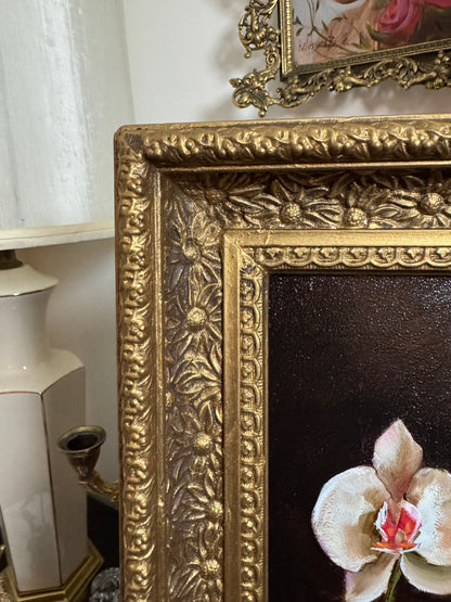 White orchid in a vase original oil painting in wooden vintage floral frame