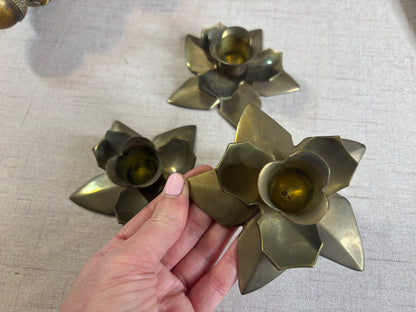 Brass floral candleholders set of 3!