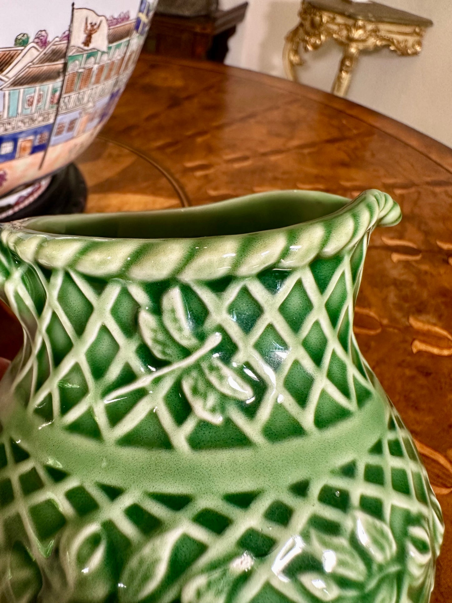 Vintage Bordallo Pinheiro Rose Garden Green Majolica Pitcher | Portugal