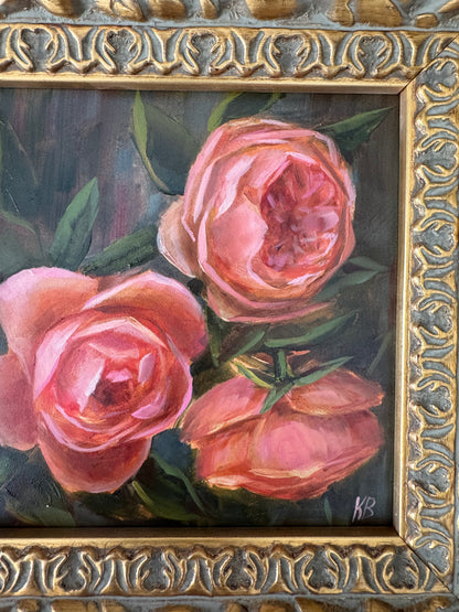 Original artwork “roses in the garden” 9 1/2 x 9 1/2” vintage style frame