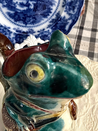 Older HTF Textured English Victorian Majolica Frog & Snake Pitcher, circa 1870 Repairs - Priced accordingly