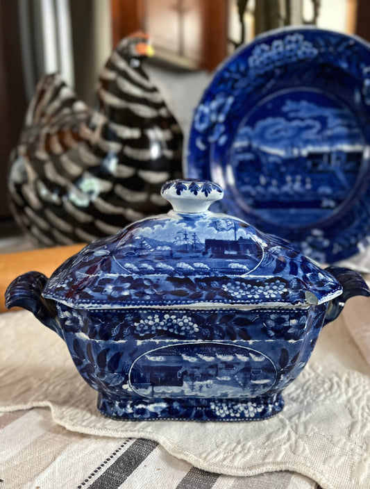 Rare Historical Blue “Landing of General Lafayette” Covered Sauce Dish | Transfer-Printed Interior | Impressed Clews Warranted Stamp | Circa 1825 - Estate Collection