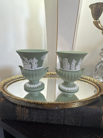 Wedgwood sage green pair of small vases 3.5” tall