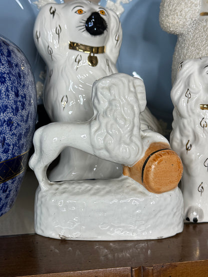 Antique Pair, 19th Century Staffordshire Spaniel Dogs with Puppy in Barrel #DA4422
