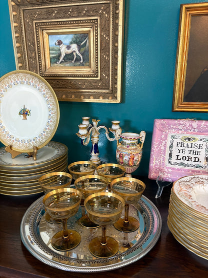 WCCR Charitable Item #172 | Set of 6 Amber Glass Coupes with Embossed Gold Rim | Vintage Champagne Coupes