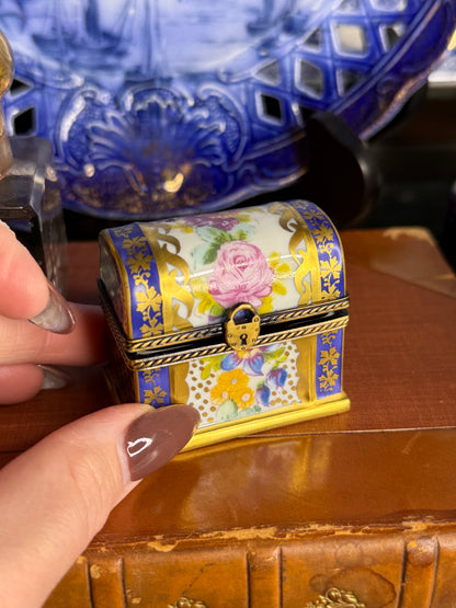 Vintage Limoges France Hand-Painted Porcelain Perfume Chest with 3 Cobalt Glass Bottles