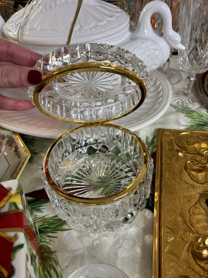 Beautiful round dresser box with brass detail!
