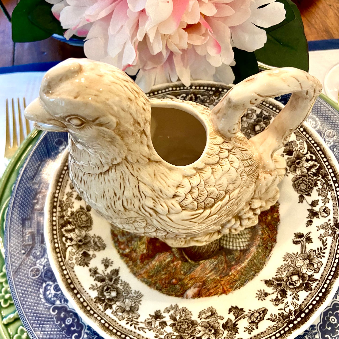 Vintage quail botanical gravy boat or creamer for autumn table scape