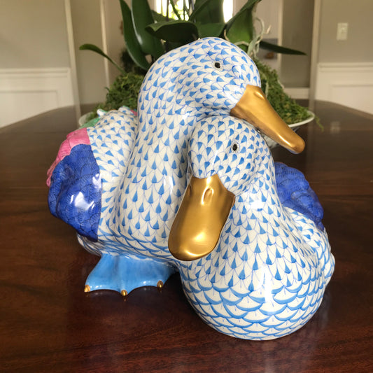 Herend Blue Fishnet Medium Loving Ducks, 11” long! Retail $2,200 - No flaws!