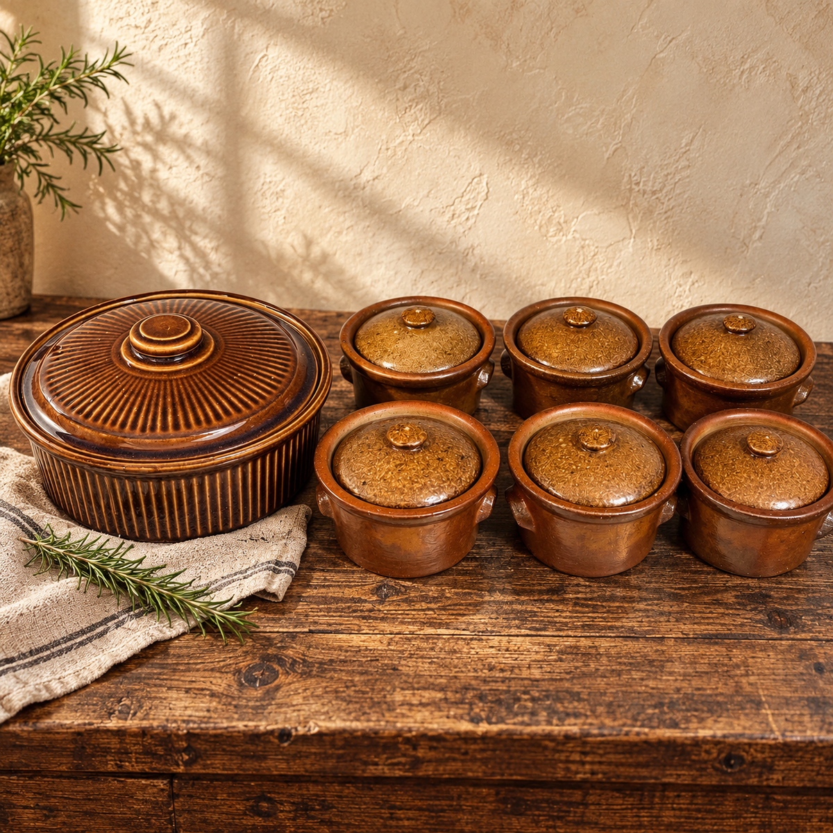 Vintage Brown Stoneware Covered Casserole with Six Individual Crocks