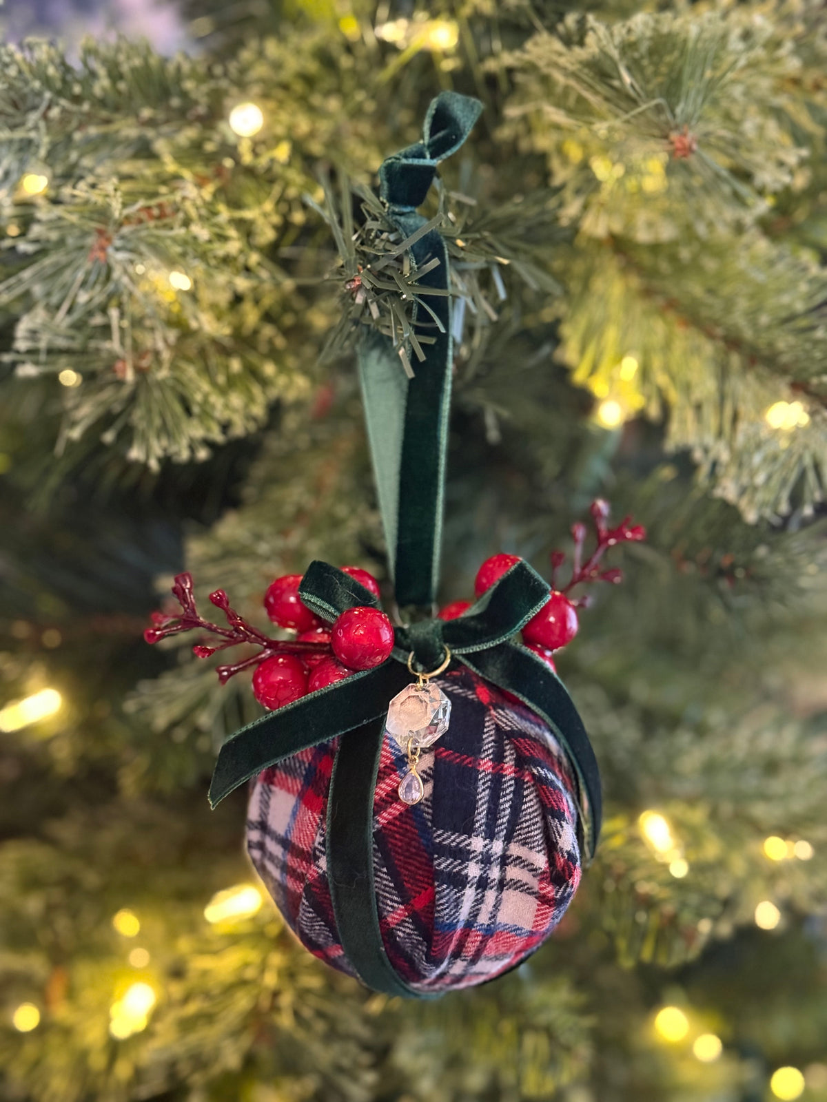 Custom Vintage Tartan RL Christmas Ornament | Velvet, Chandelier Crystal & Swarovski Drop | 3”