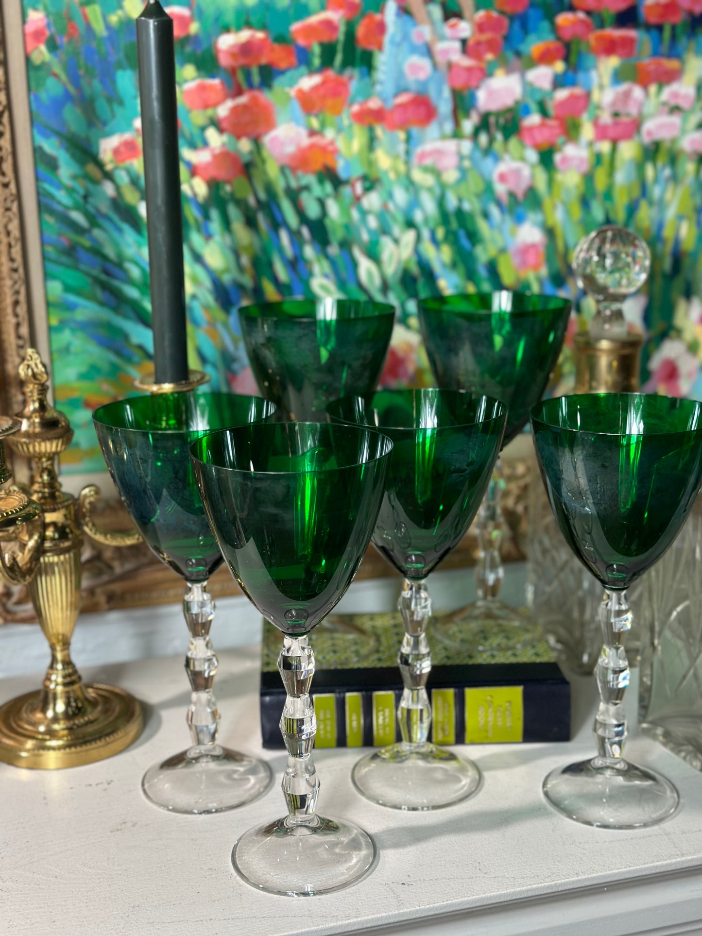 Vintage Lenox Set (6) Carrot Emerald Green Tall Wine Goblets, 9” Tall - Pristine!